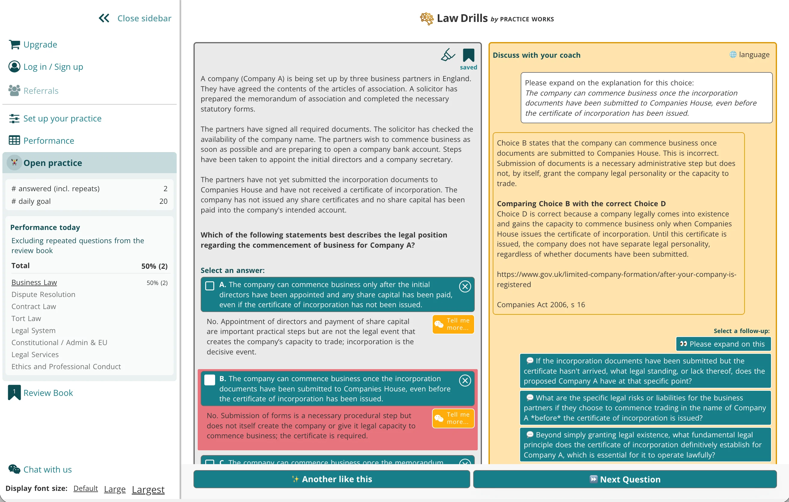 Law Drills SQE practice interface showing an MCQ question with instant feedback and AI coaching