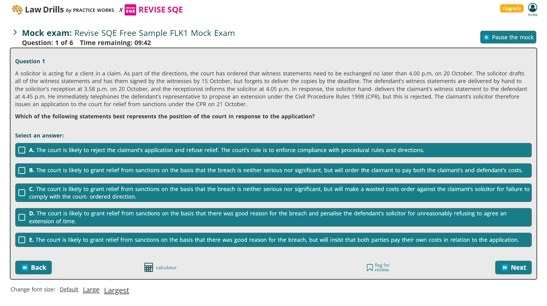 Law Drills mock exam interface replicating realistic SQE exam conditions